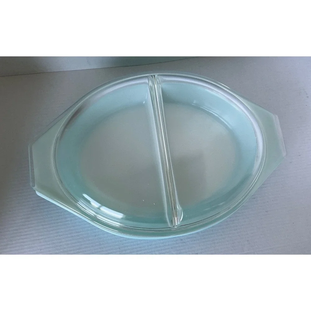 Pyrex Vintage Snowflake Divided Casserole Dish 1.5qt Turquoise MCM with Lid